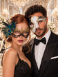 Black Gold Peacock Feather Lace Mask for Women with Antique Phantom Mask for Men | Couples Venetian Masquerade Set - product image 1