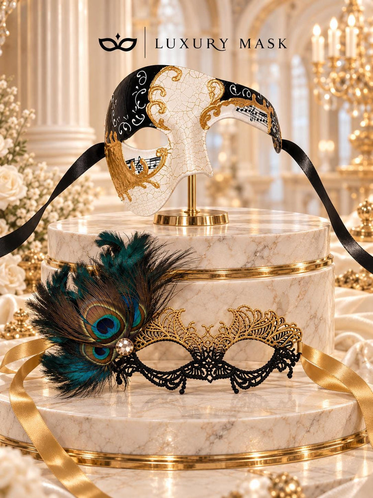 Black Gold Masquerade Masks for Couples | Men’s Antique Phantom Mask with Women’s Peacock Feather Lace Mask - product image 6