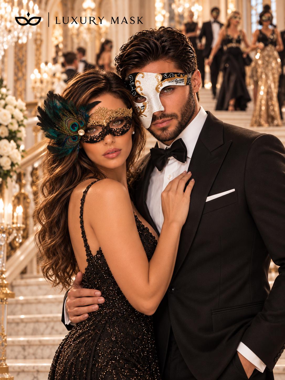 Black Gold Flower Lace Peacock Mask for Women with Antique Phantom Men’s Mask | Venetian Masquerade Couple Masks - product image 3