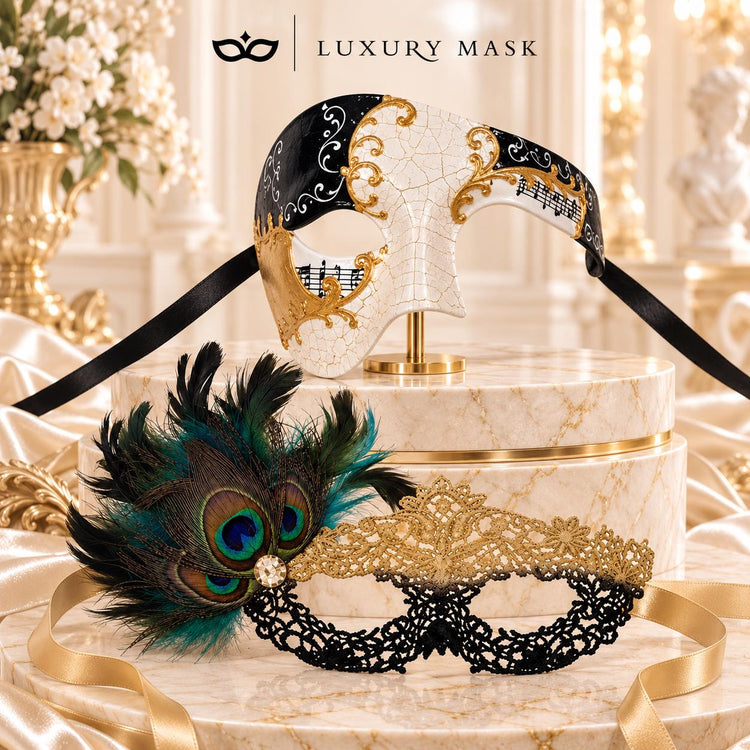 Black Gold Flower Lace Peacock Mask for Women with Antique Phantom Men’s Mask | Venetian Masquerade Couple Masks - product image 6