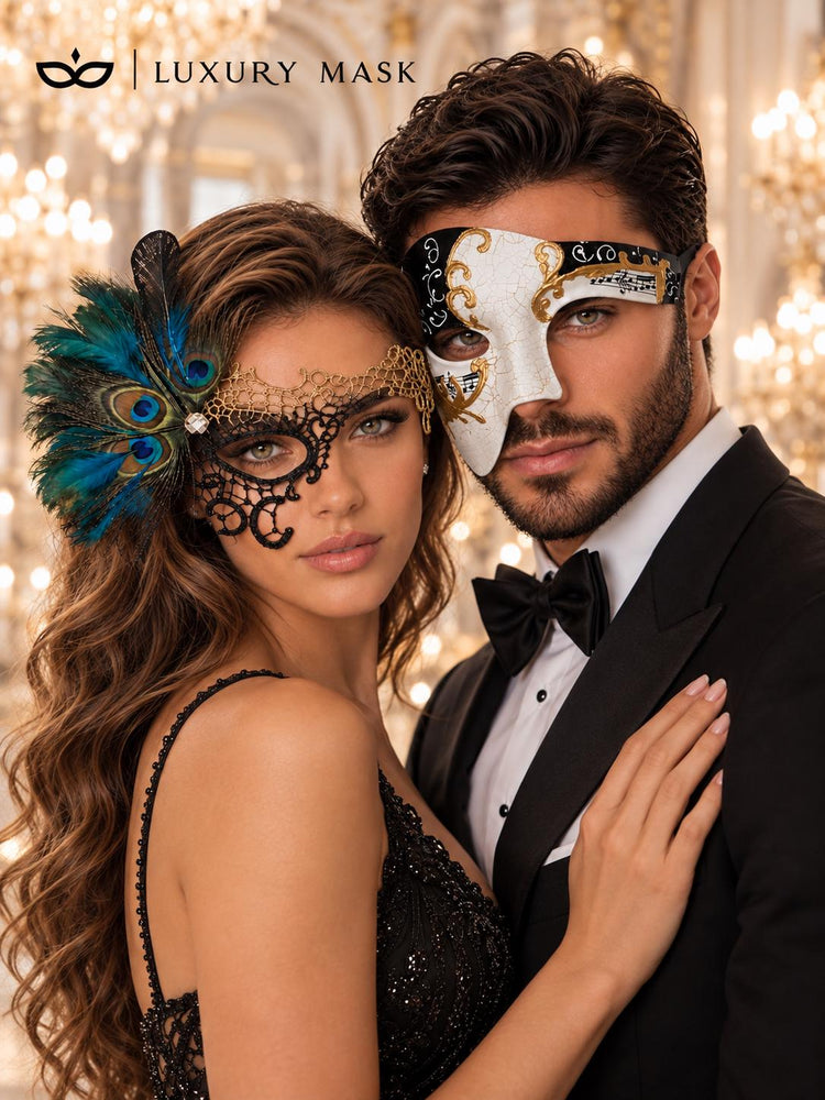 Black Gold Phantom Peacock Mask for Women with Antique Phantom Mask for Men | Dramatic Couples Masquerade Set - product image 2