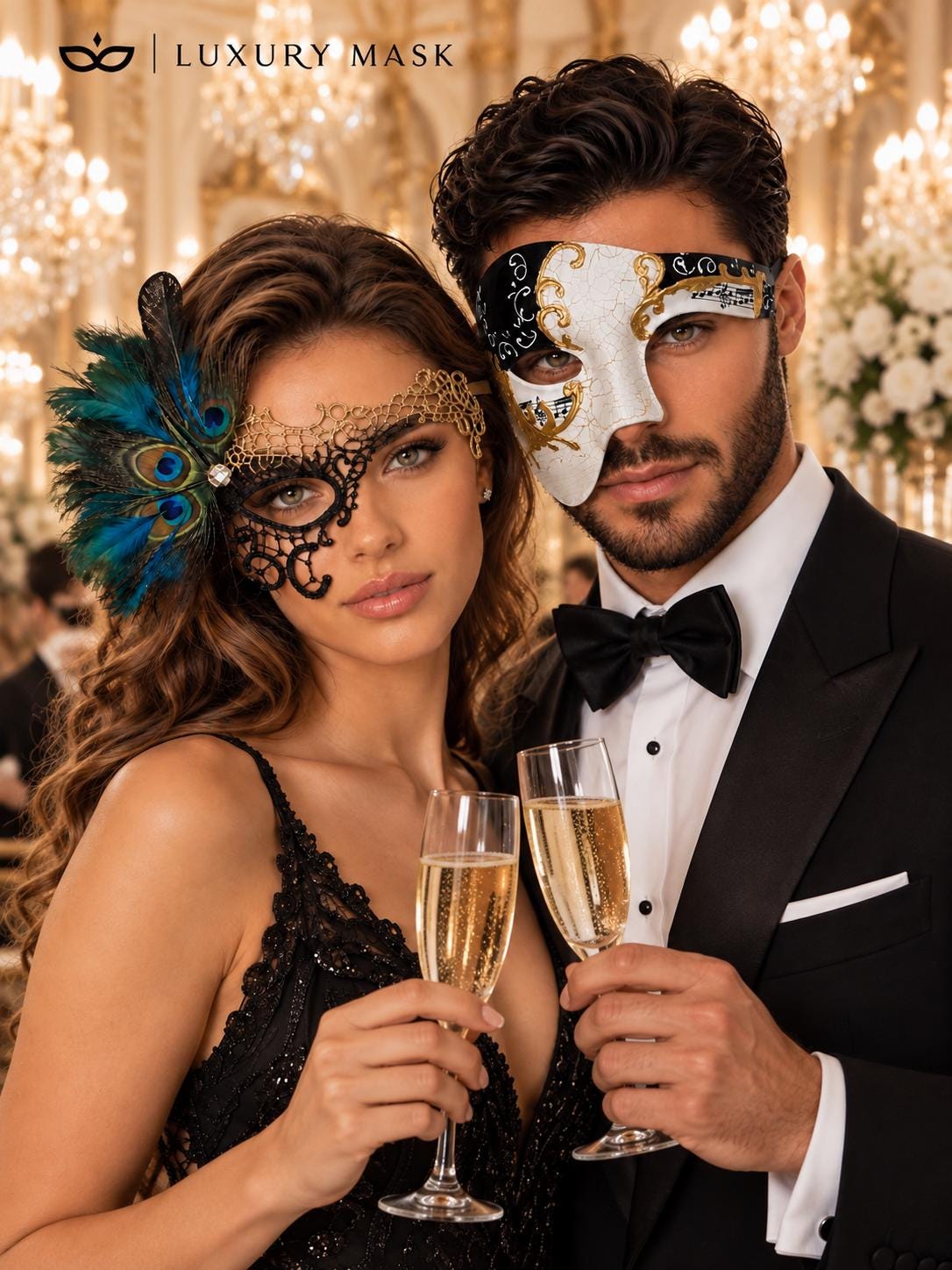 Black Gold Phantom Peacock Mask for Women with Antique Phantom Mask for Men | Dramatic Couples Masquerade Set - product image 4