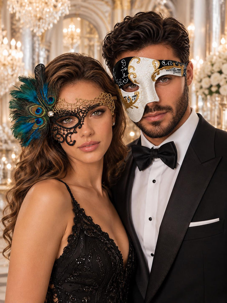 Black Gold Phantom Peacock Mask for Women with Antique Phantom Mask for Men | Dramatic Couples Masquerade Set - product image 1