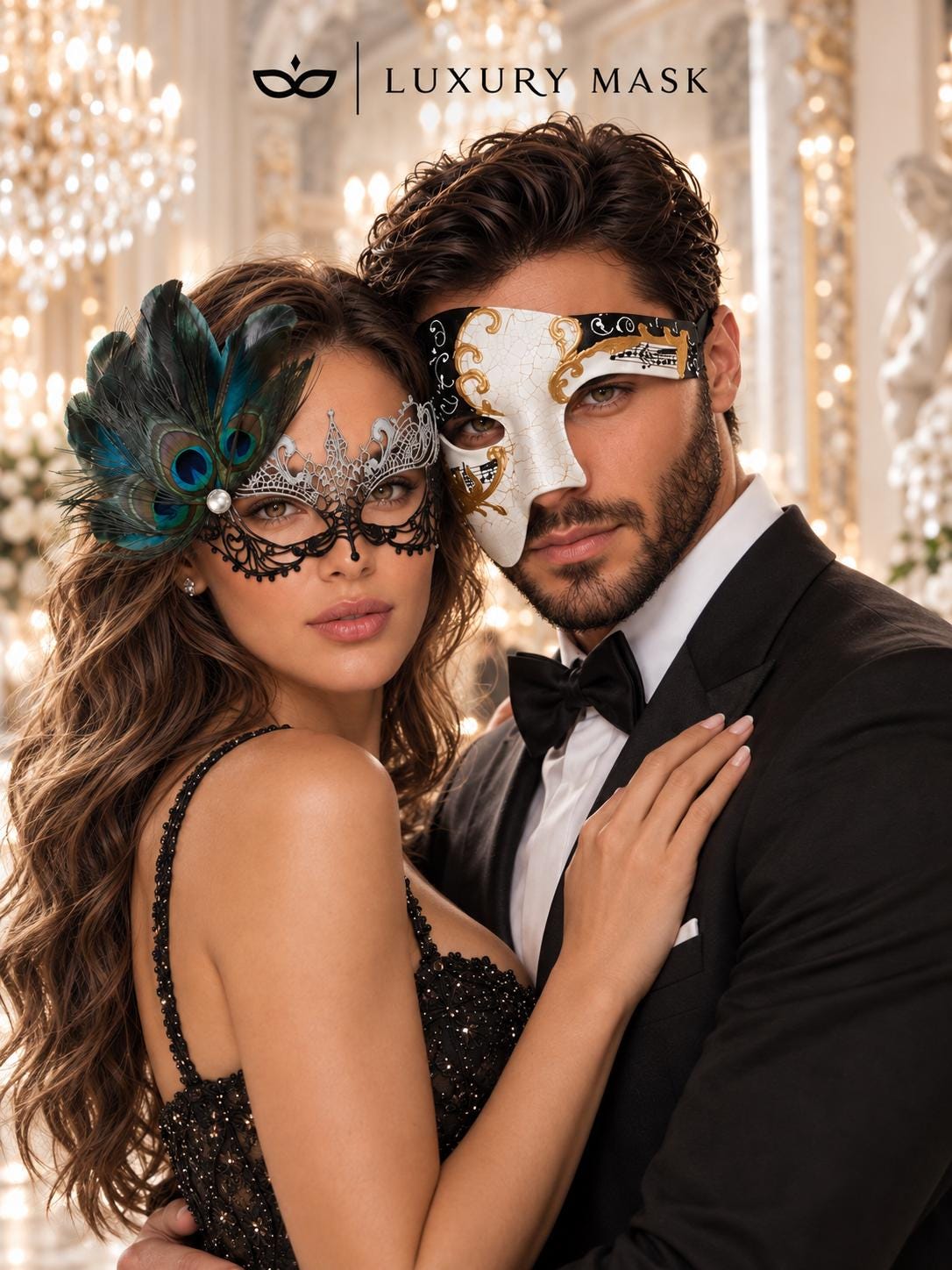 Black Silver Peacock Lace Mask for Women & Black Gold Antique Phantom Mask for Men | Venetian Masquerade Couple Set - product image 2