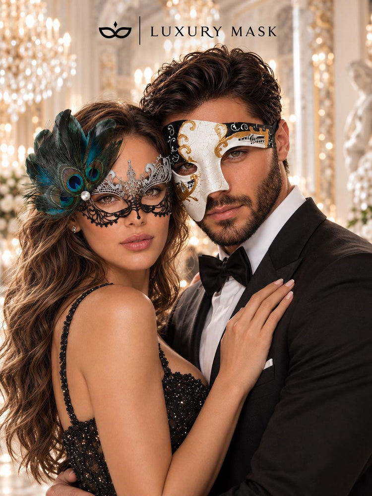 Black Silver Peacock Lace Mask for Women & Black Gold Antique Phantom Mask for Men | Venetian Masquerade Couple Set - product image 2
