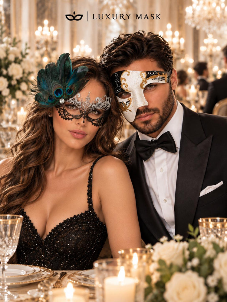 Black Silver Peacock Lace Mask for Women & Black Gold Antique Phantom Mask for Men | Venetian Masquerade Couple Set - product image 5
