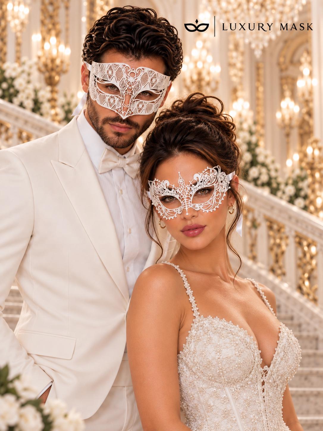 White Laser Cut Metal Venetian Mask for Men with White Lace Mask for Women | Elegant Masquerade Couple Set - product image 2