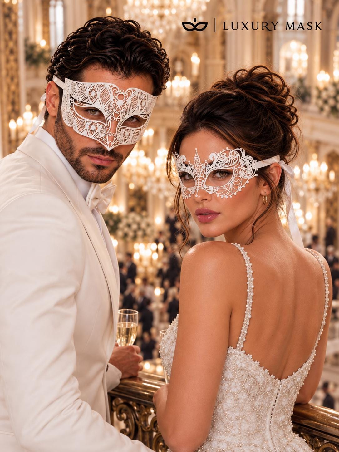 White Laser Cut Metal Venetian Mask for Men with White Lace Mask for Women | Elegant Masquerade Couple Set - product image 5