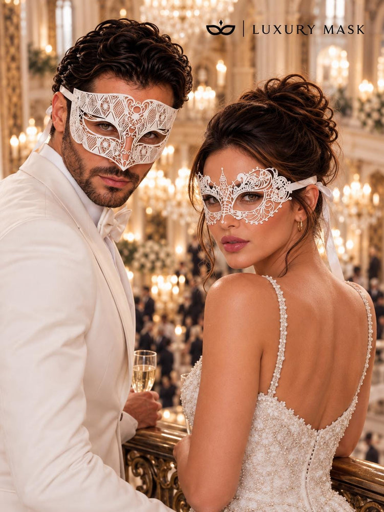 White Laser Cut Metal Venetian Mask for Men with White Lace Mask for Women | Elegant Masquerade Couple Set - product image 5