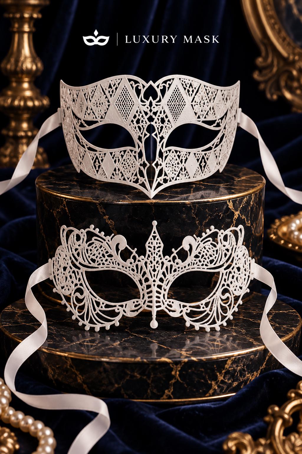 White Laser Cut Metal Venetian Mask for Men with White Lace Mask for Women | Elegant Masquerade Couple Set - product image 6