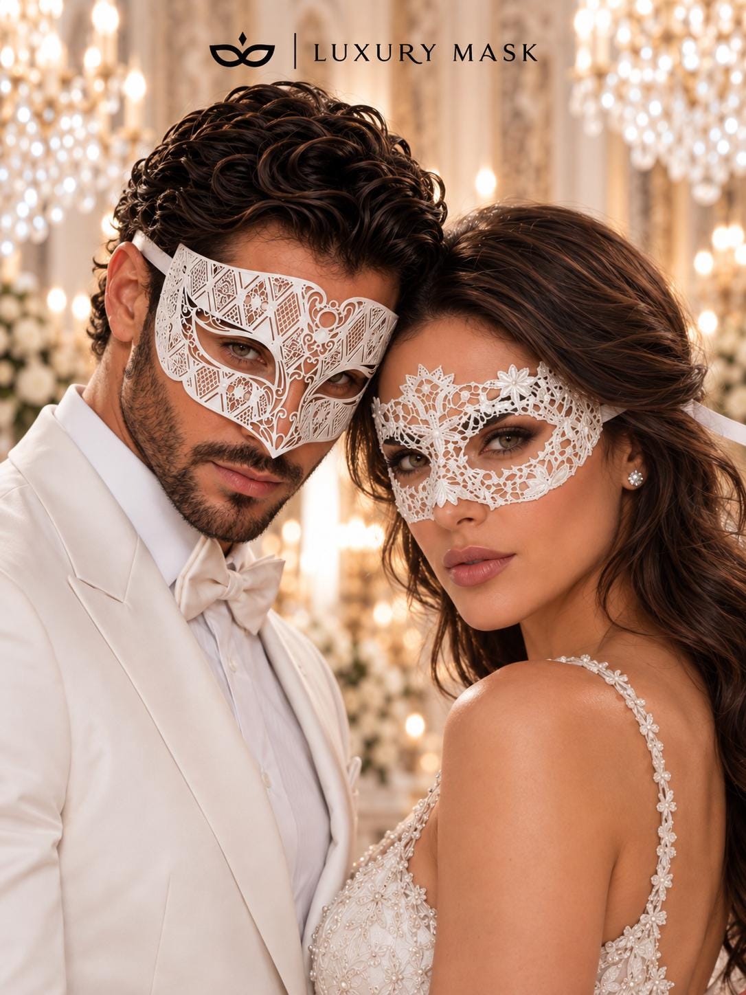 White Flower Lace Mask for Women with White Diamond Laser Cut Metal Mask for Men | Venetian Masquerade Couple Set - product image 2