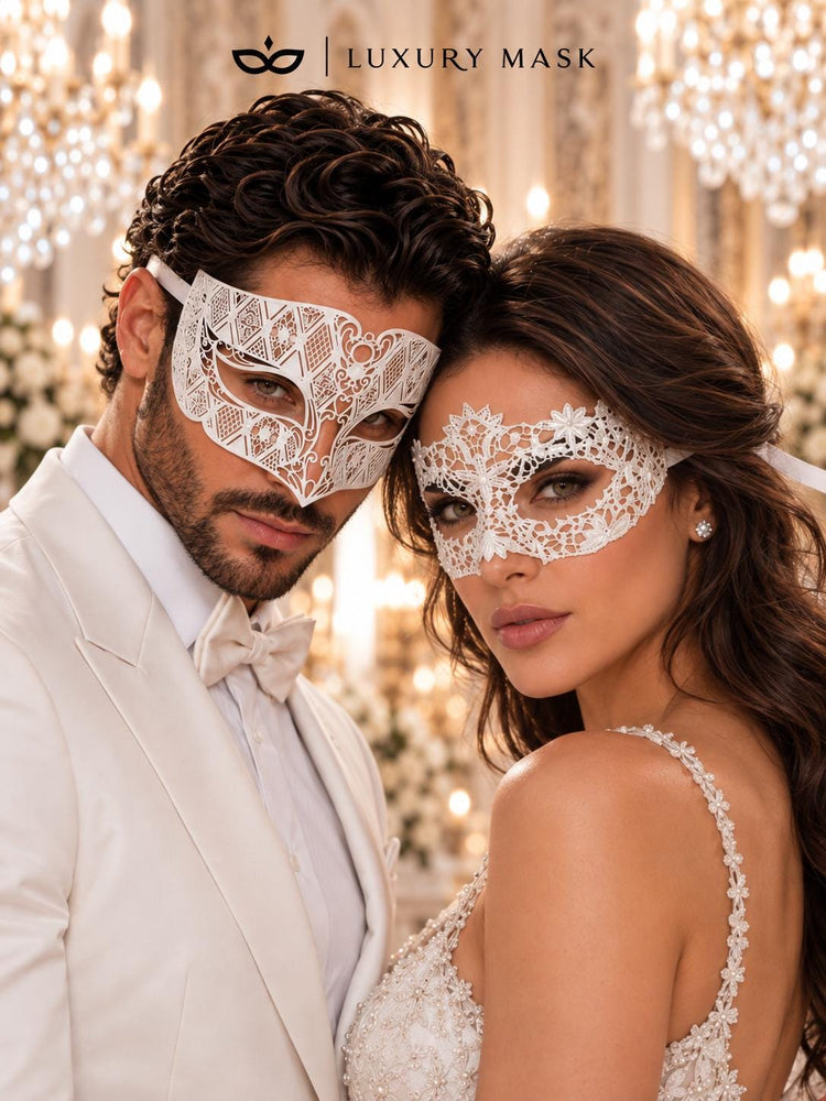 White Flower Lace Mask for Women with White Diamond Laser Cut Metal Mask for Men | Venetian Masquerade Couple Set - product image 2