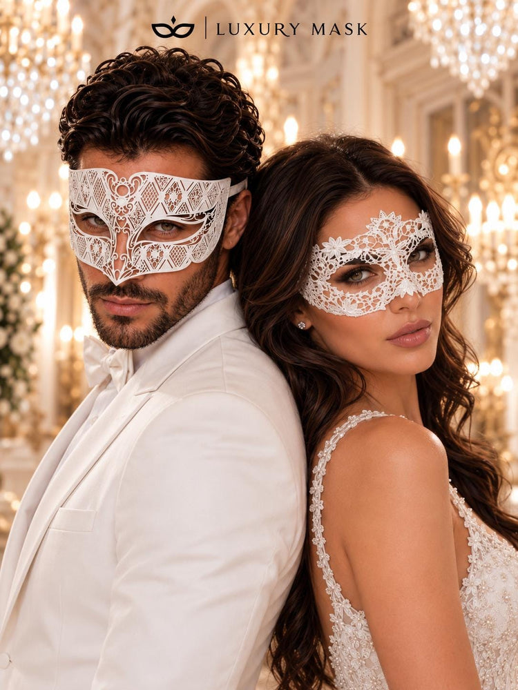 White Flower Lace Mask for Women with White Diamond Laser Cut Metal Mask for Men | Venetian Masquerade Couple Set - product image 4