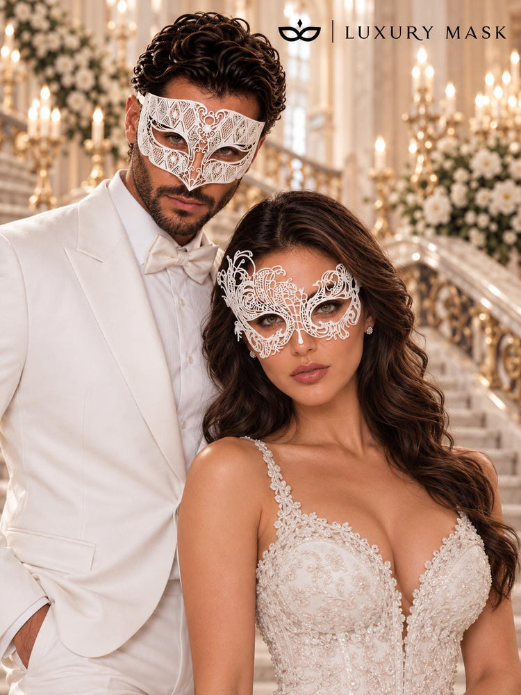 White Swan Lace Mask for Women & White Diamond Laser Cut Metal Mask for Men | All White Venetian Masquerade Set - product image 2