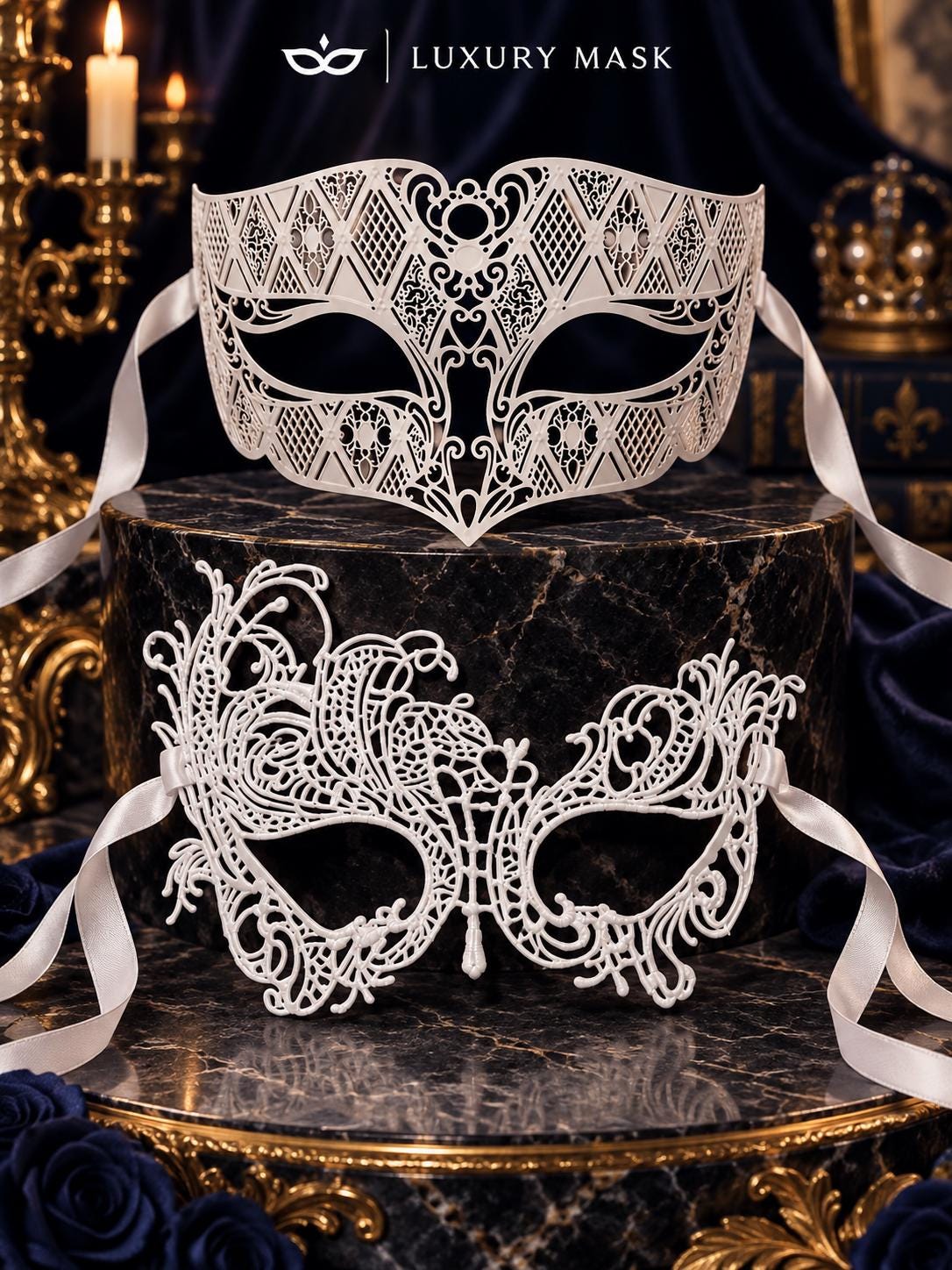 White Swan Lace Mask for Women & White Diamond Laser Cut Metal Mask for Men | All White Venetian Masquerade Set - product image 6