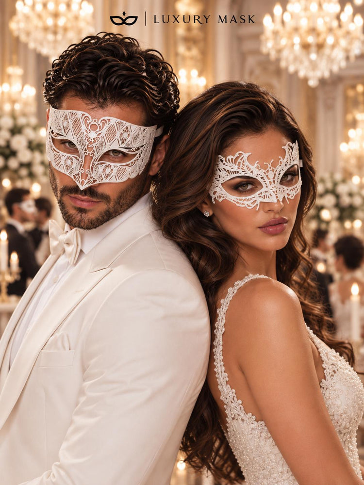 White Diamond Metal Mask for Men & White Lace Mask for Women | Elegant All White Masquerade Masks for Couples - product image 4