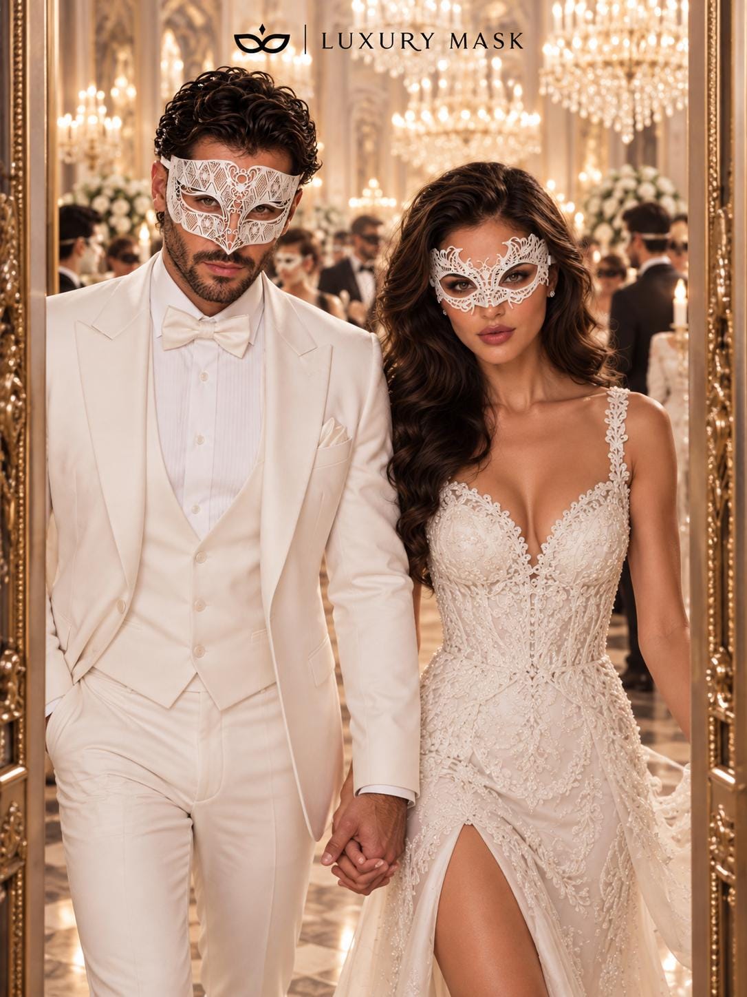 White Diamond Metal Mask for Men & White Lace Mask for Women | Elegant All White Masquerade Masks for Couples - product image 3