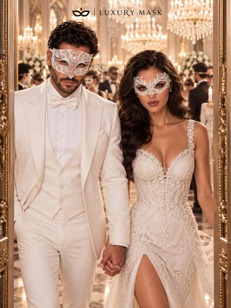 White Diamond Metal Mask for Men & White Lace Mask for Women | Elegant All White Masquerade Masks for Couples - product image 3