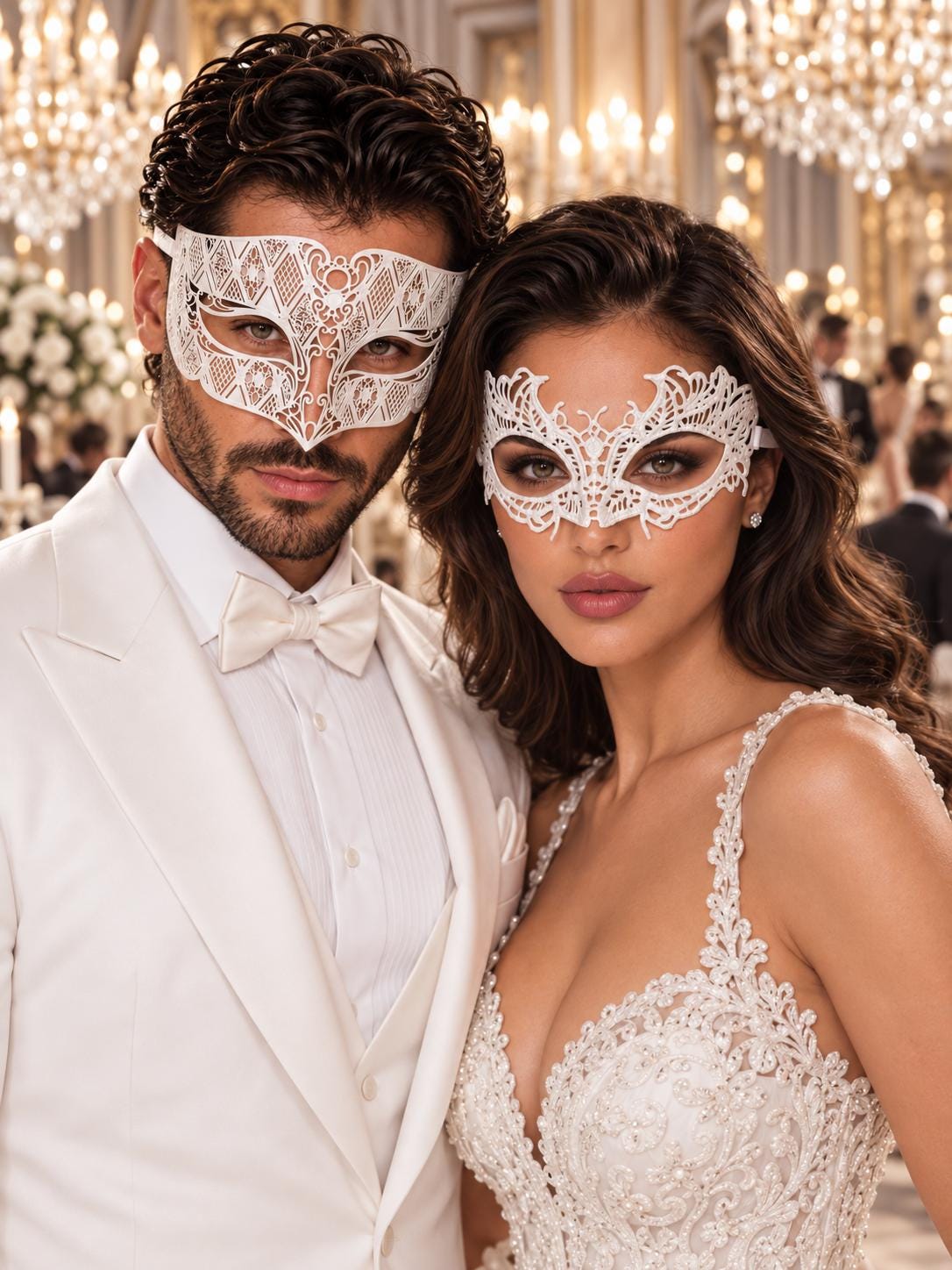 White Diamond Metal Mask for Men & White Lace Mask for Women | Elegant All White Masquerade Masks for Couples - product image 1