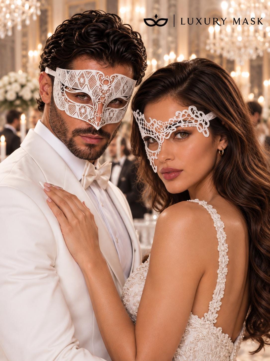 White Phantom Lace Mask for Women with White Diamond Laser Cut Metal Mask for Men – product photo 3