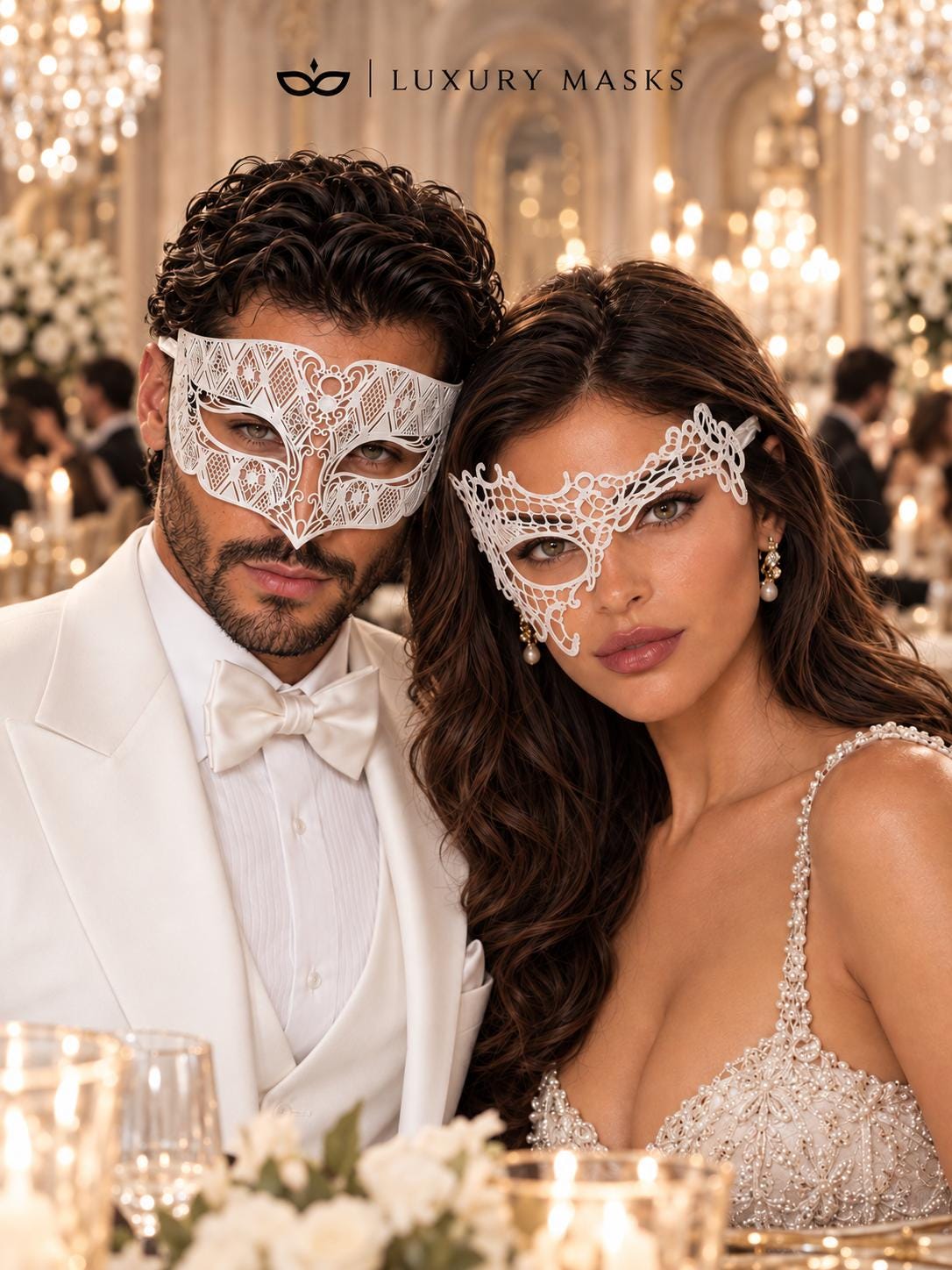 White Phantom Lace Mask for Women with White Diamond Laser Cut Metal Mask for Men – product photo 5
