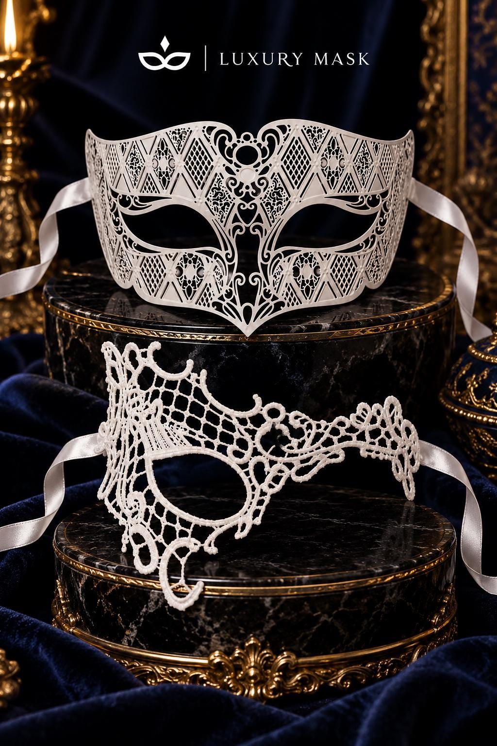 White Phantom Lace Mask for Women with White Diamond Laser Cut Metal Mask for Men – product photo 6