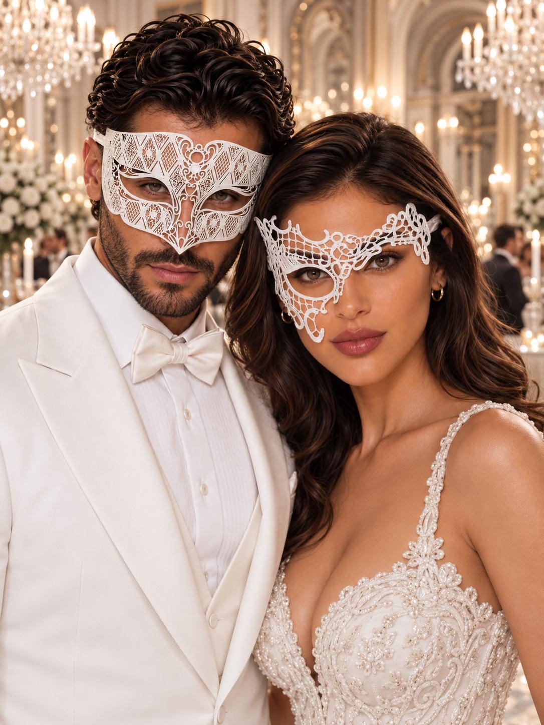 White Phantom Lace Mask for Women with White Diamond Laser Cut Metal Mask for Men