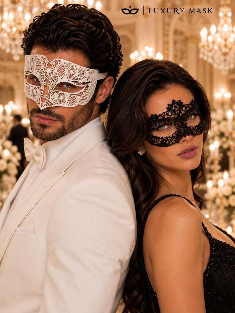 Black Flower Lace Mask for Women & White Diamond Venetian Mask for Men – product photo 5