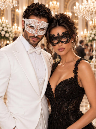 White Diamond Venetian Mask for Men & Black Lace Mask for Women
