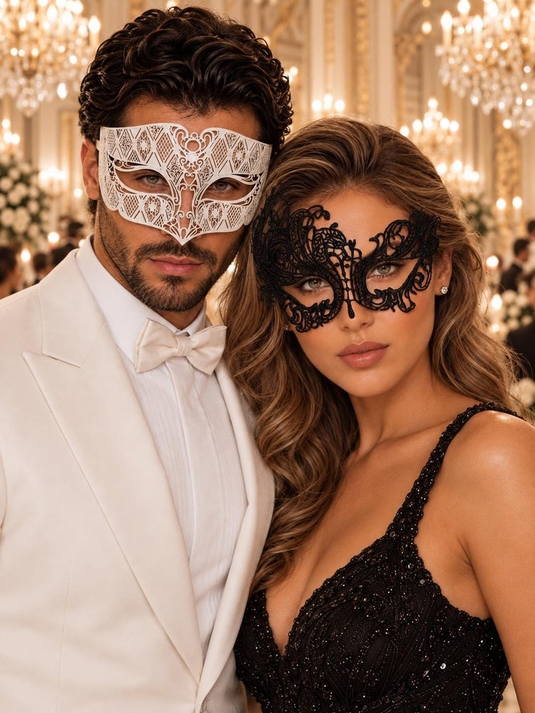 Black Swan Lace Mask for Women with White Diamond Venetian Mask for Men