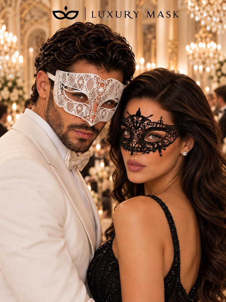Black Lace Mask for Women & White Diamond Metal Mask for Men – product photo 2
