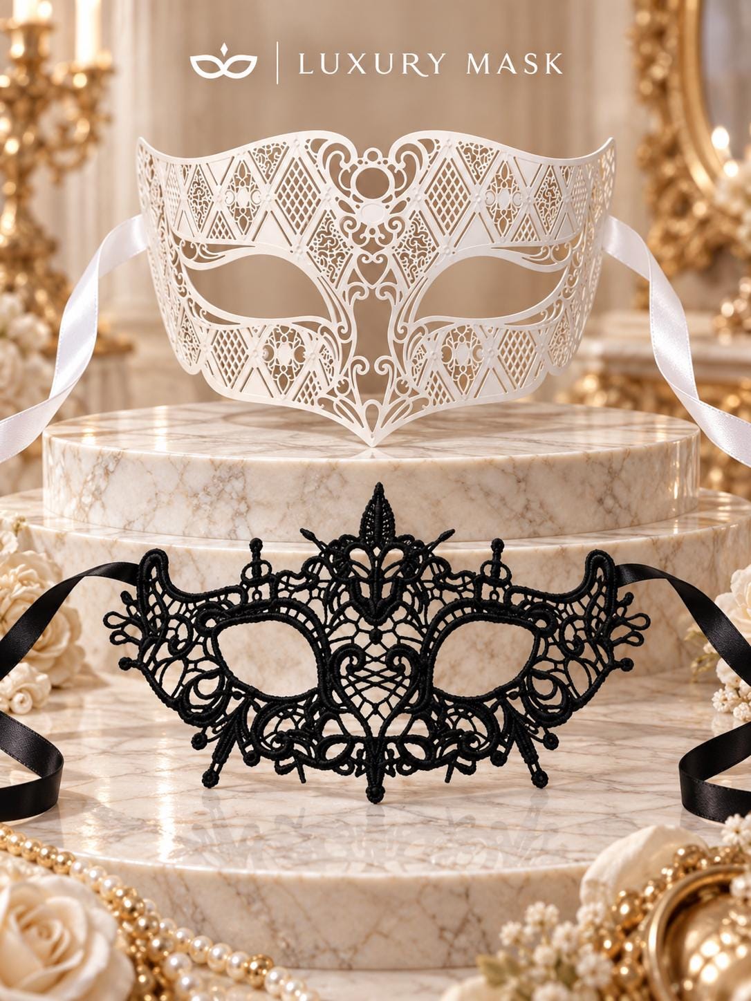 Black Lace Mask for Women & White Diamond Metal Mask for Men – product photo 6