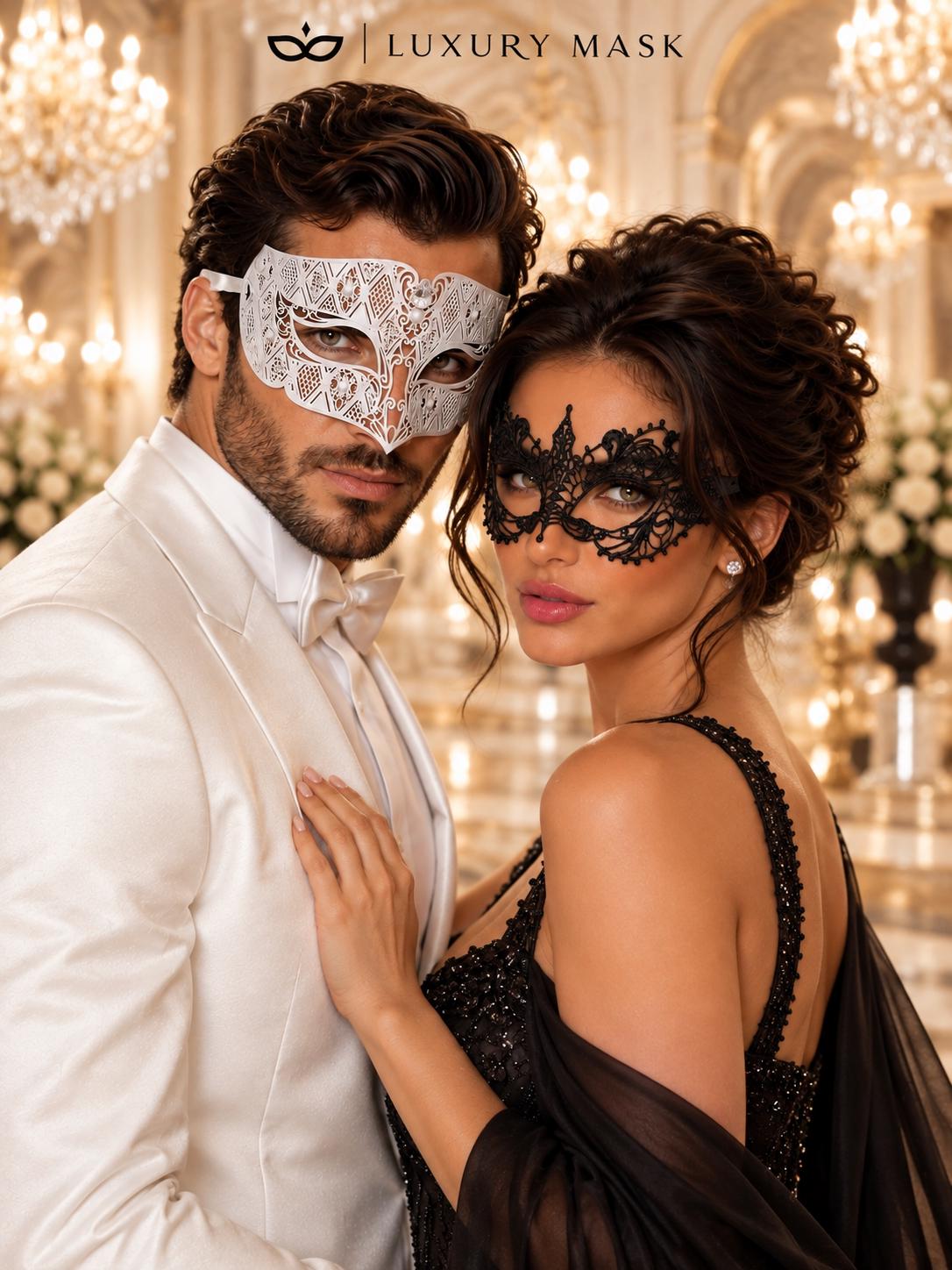 White Diamond Clear Stone Mask for Men with Black Lace Mask for Women – product photo 5