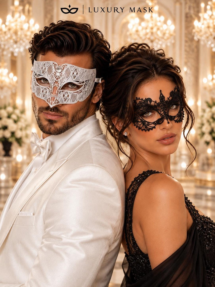 White Diamond Clear Stone Mask for Men with Black Lace Mask for Women – product photo 4
