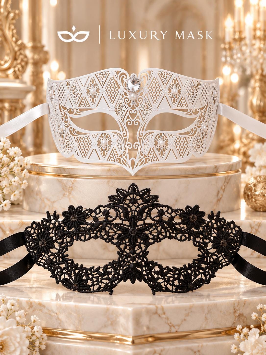 White Clear Stone Diamond Mask for Men & Black Flower Lace Mask for Women – product photo 6