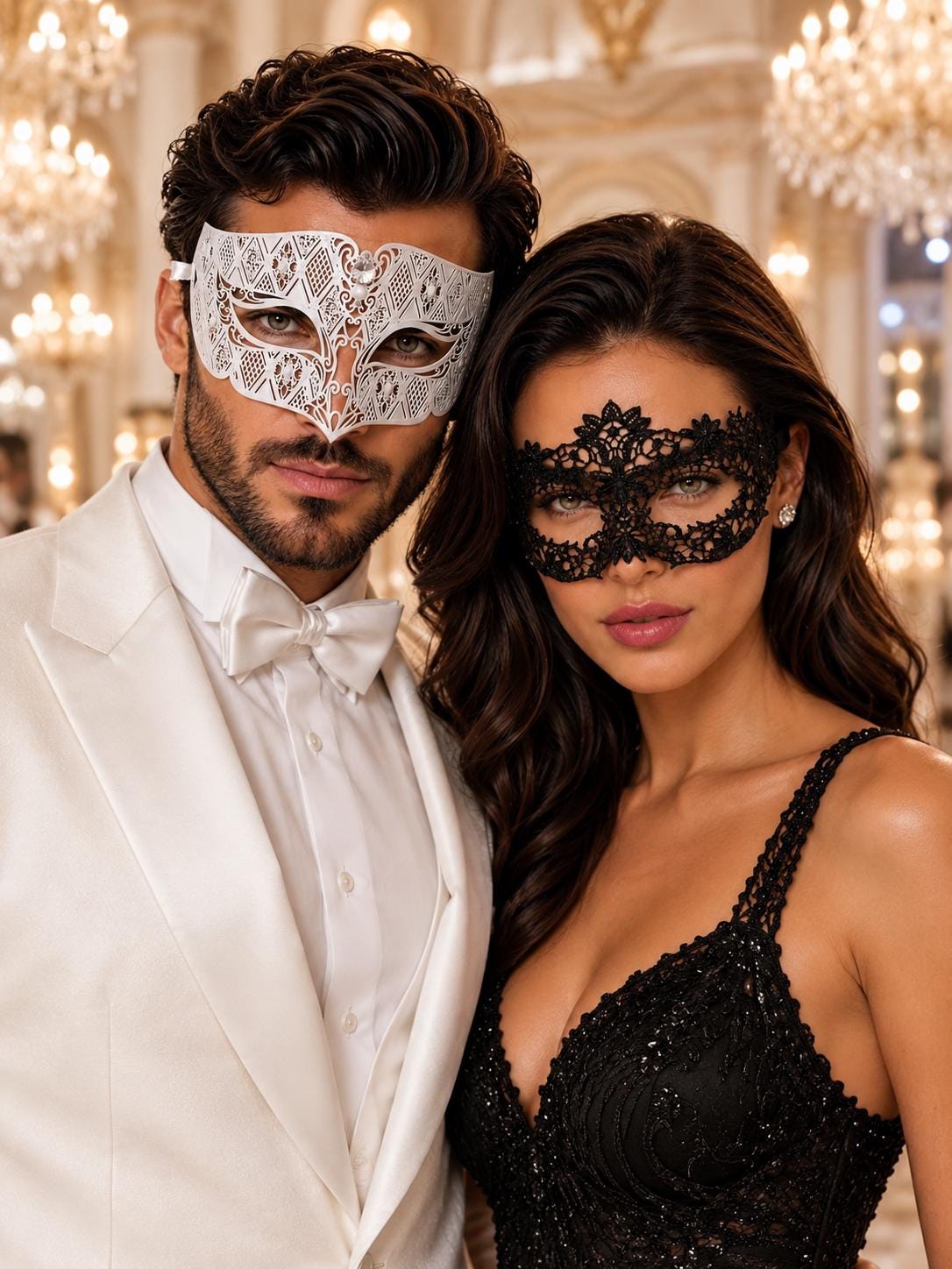 White Clear Stone Diamond Mask for Men & Black Flower Lace Mask for Women