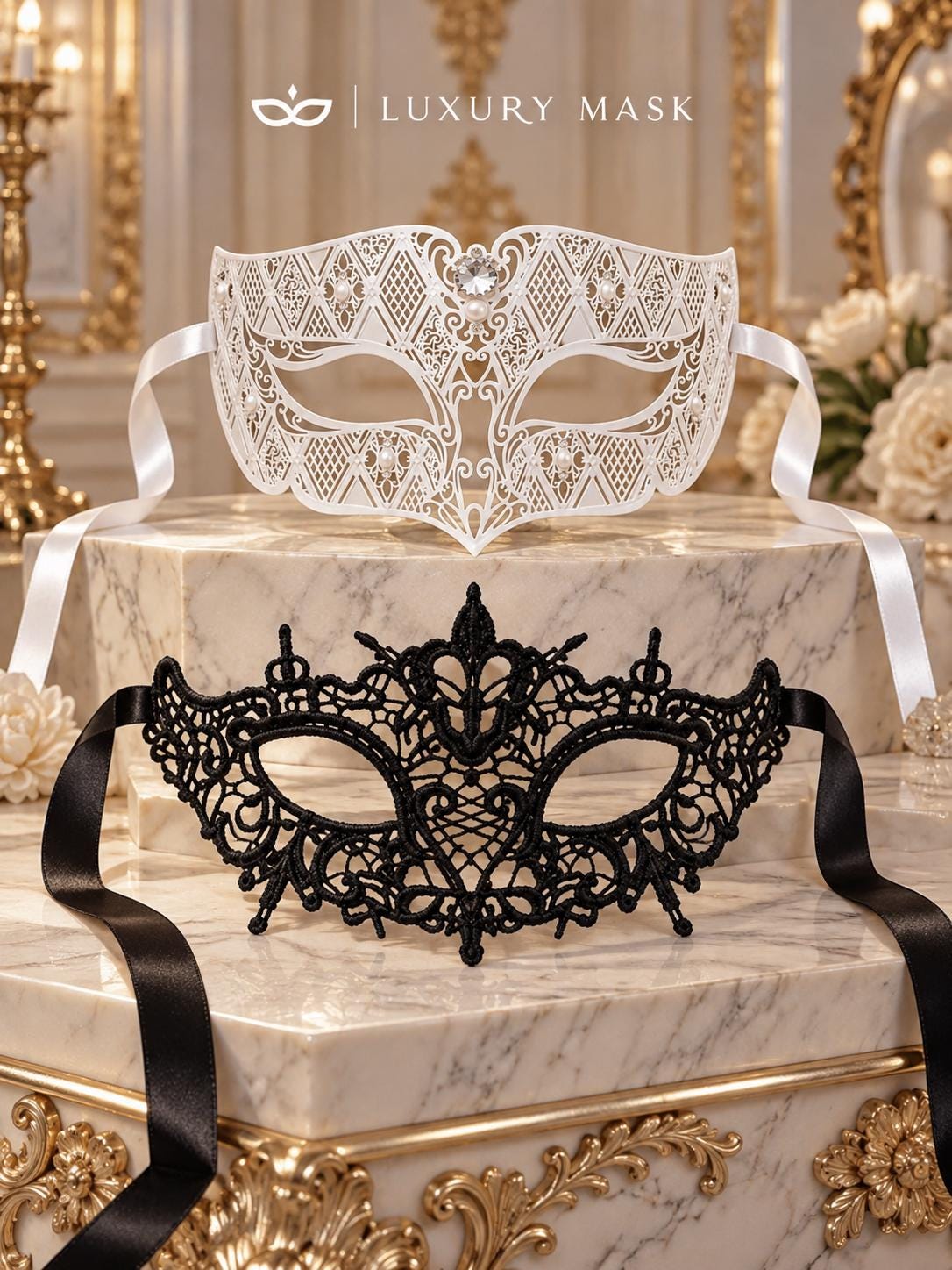 Black Lace & White Clear Stone Masquerade Masks – product photo 6