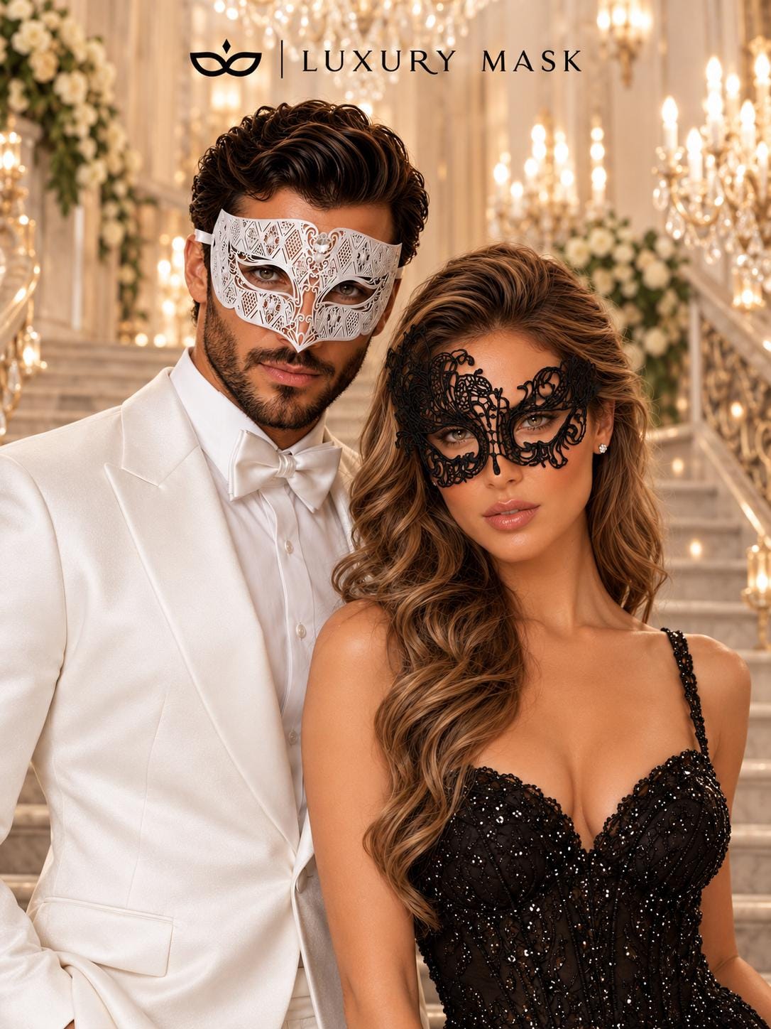 White Clear Stone Venetian Mask for Men & Black Swan Lace Mask for Women – product photo 2