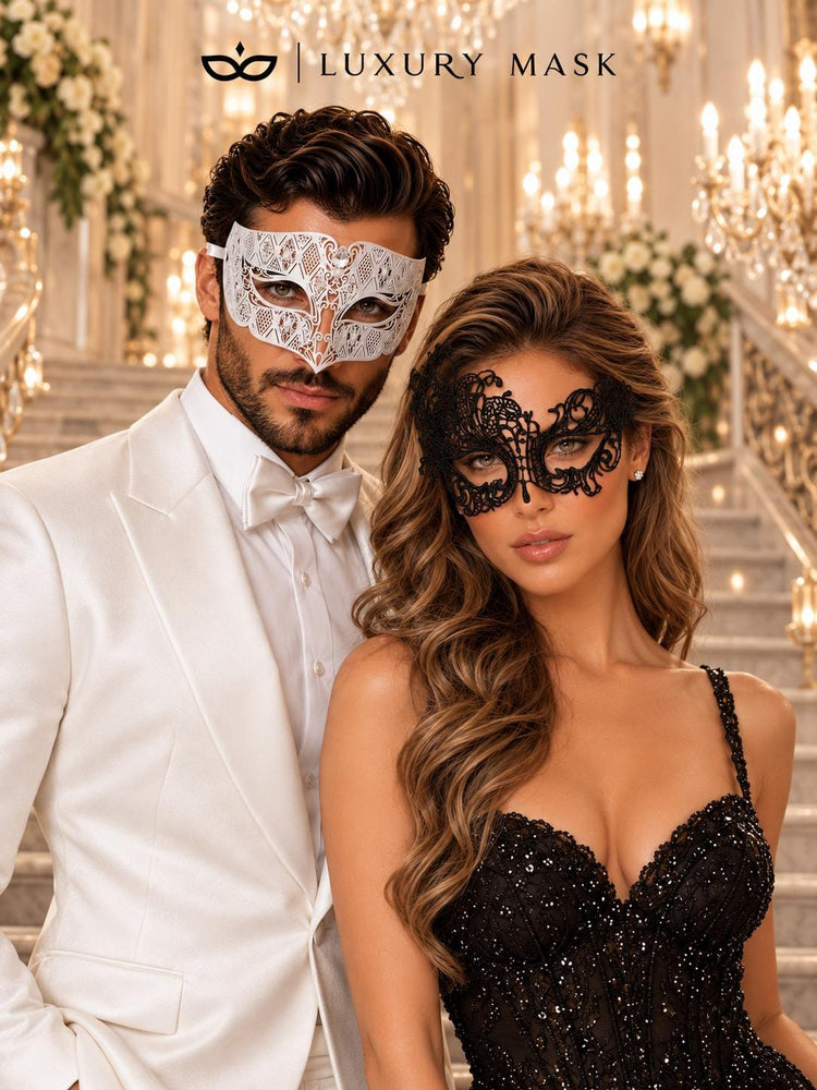 White Clear Stone Venetian Mask for Men & Black Swan Lace Mask for Women – product photo 2