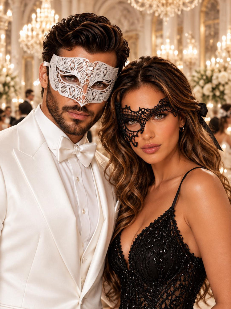 Black Phantom Lace Mask & White Clear Stone Diamond Mask