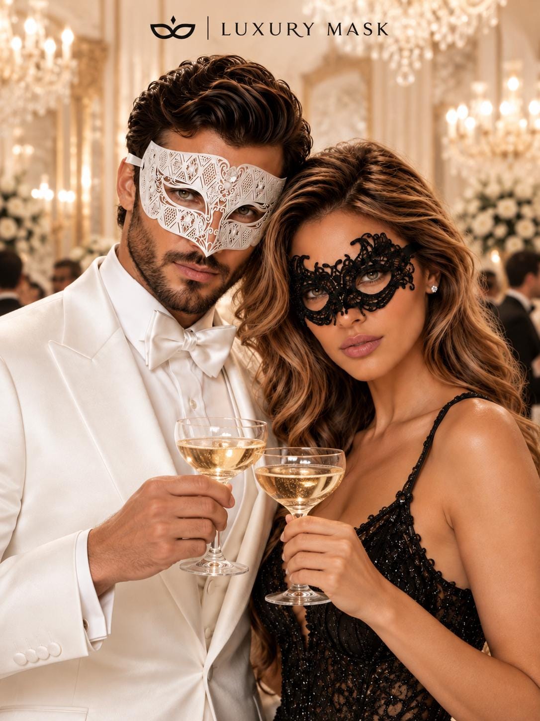 White Diamond Stone Mask & Black Lace Venetian Mask – product photo 3