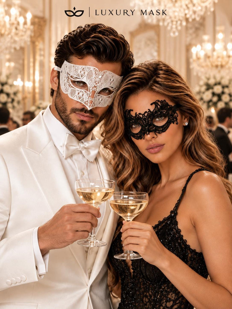 White Diamond Stone Mask & Black Lace Venetian Mask – product photo 3