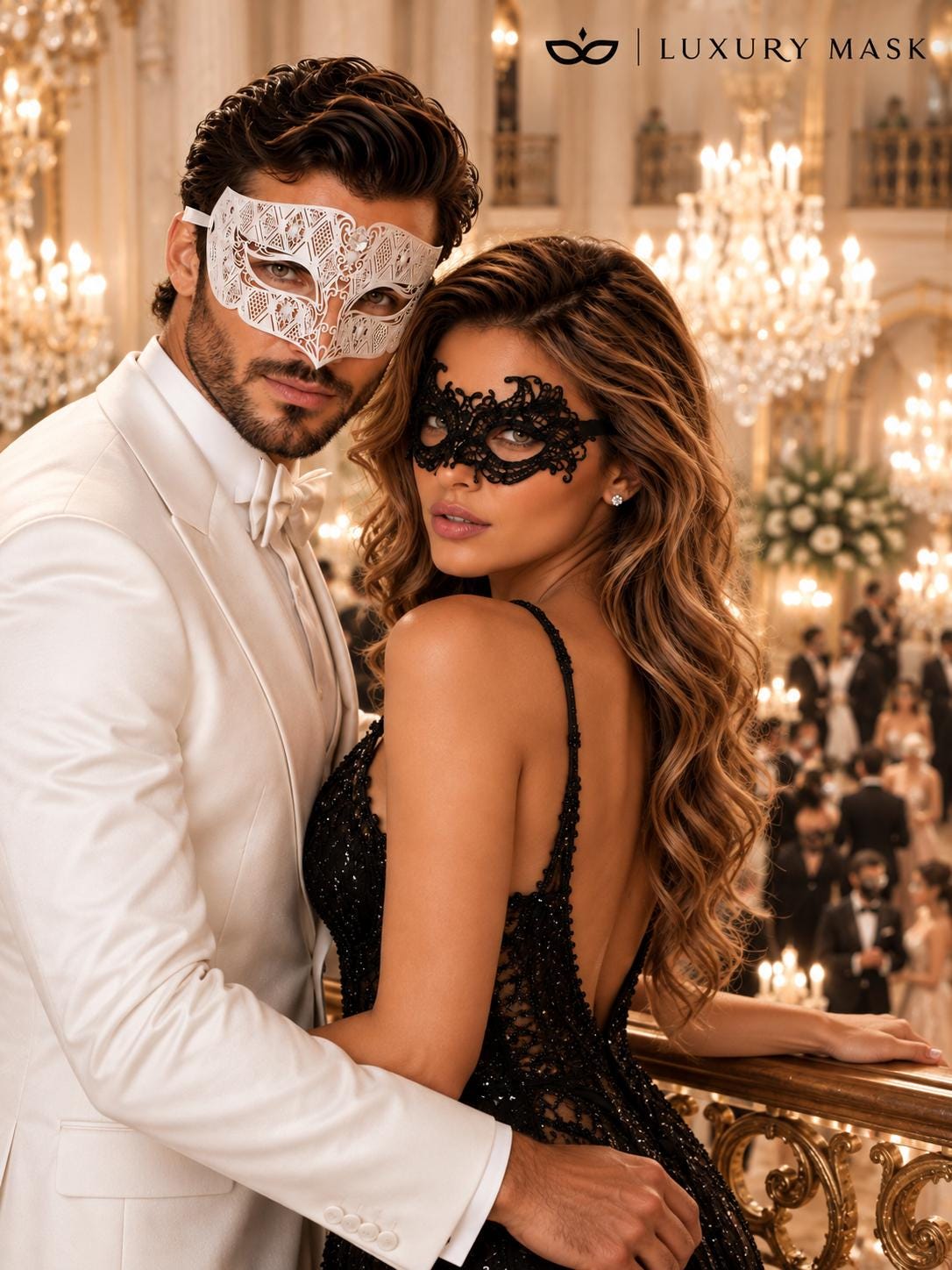 White Diamond Stone Mask & Black Lace Venetian Mask – product photo 5