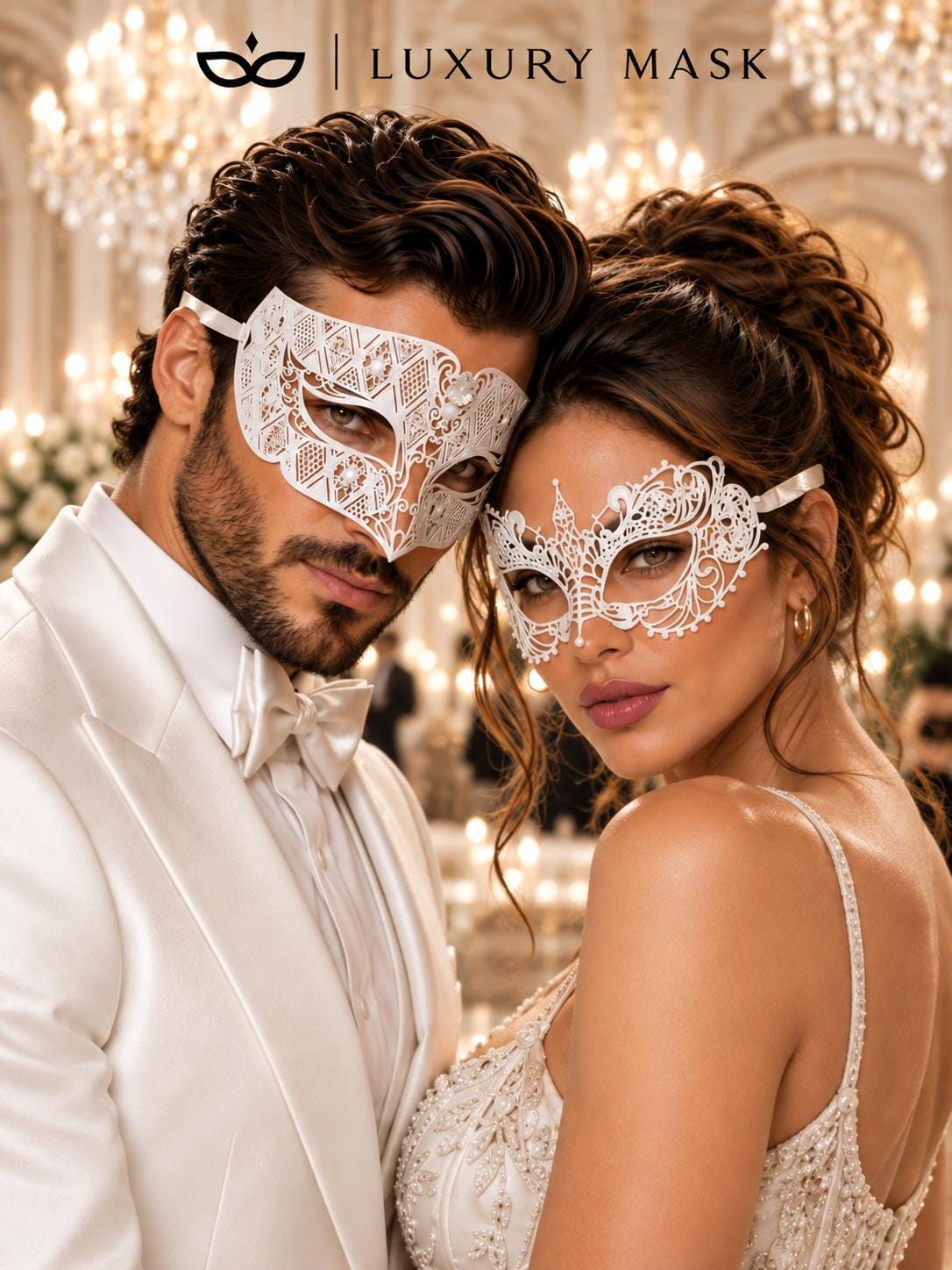 All White Masquerade Masks for Couples – product photo 2
