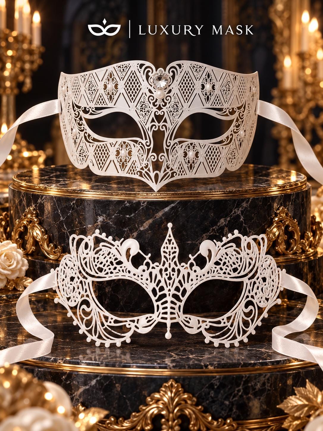 All White Masquerade Masks for Couples – product photo 6