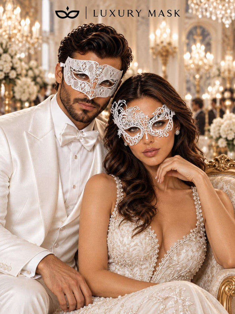 White Swan Lace Mask for Women & Clear Stone Diamond Mask for Men – product photo 4