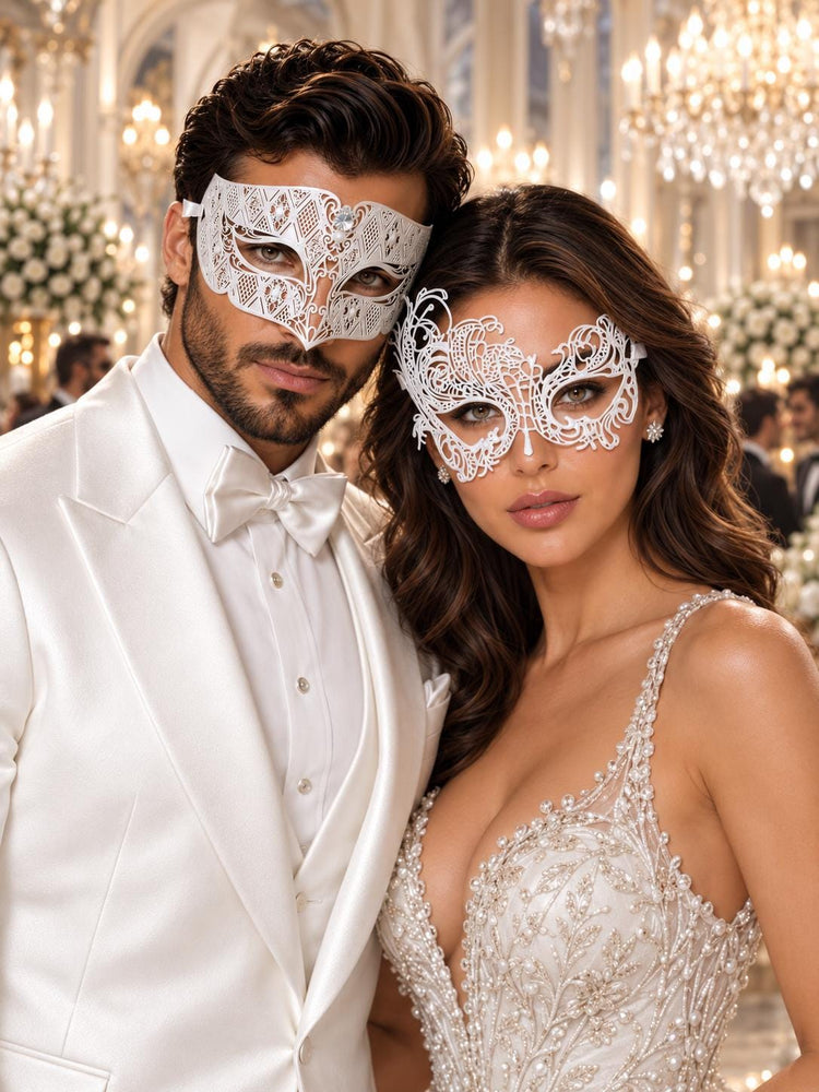 White Swan Lace Mask for Women & Clear Stone Diamond Mask for Men