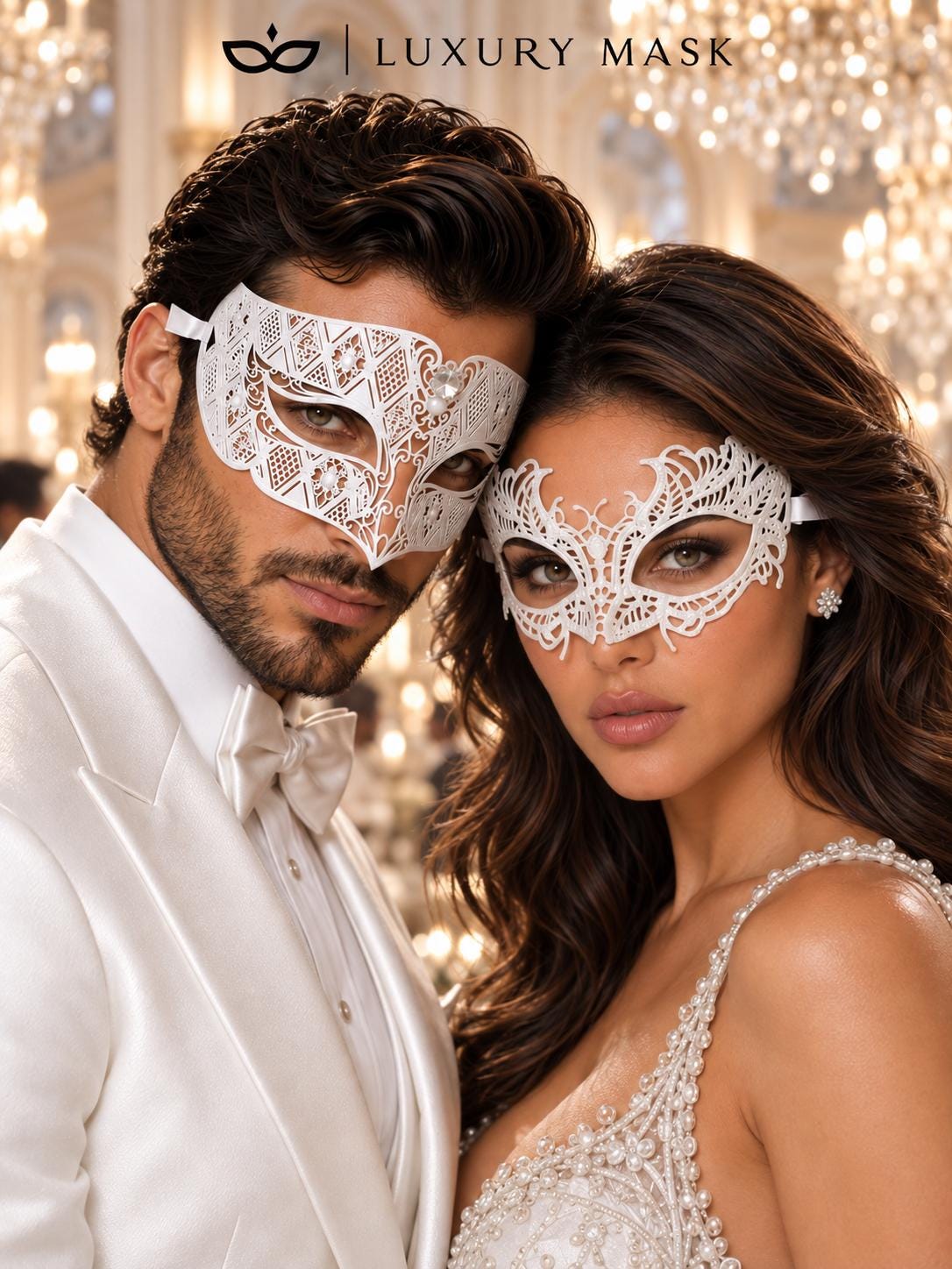 White Lace & Diamond Clear Stone Masks for Couples – product photo 2