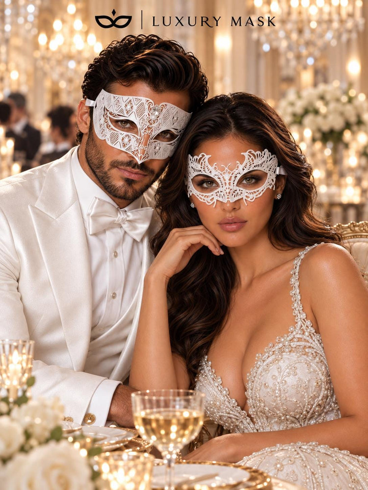White Lace & Diamond Clear Stone Masks for Couples – product photo 4