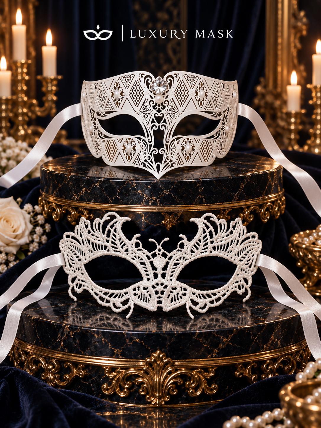White Lace & Diamond Clear Stone Masks for Couples – product photo 6